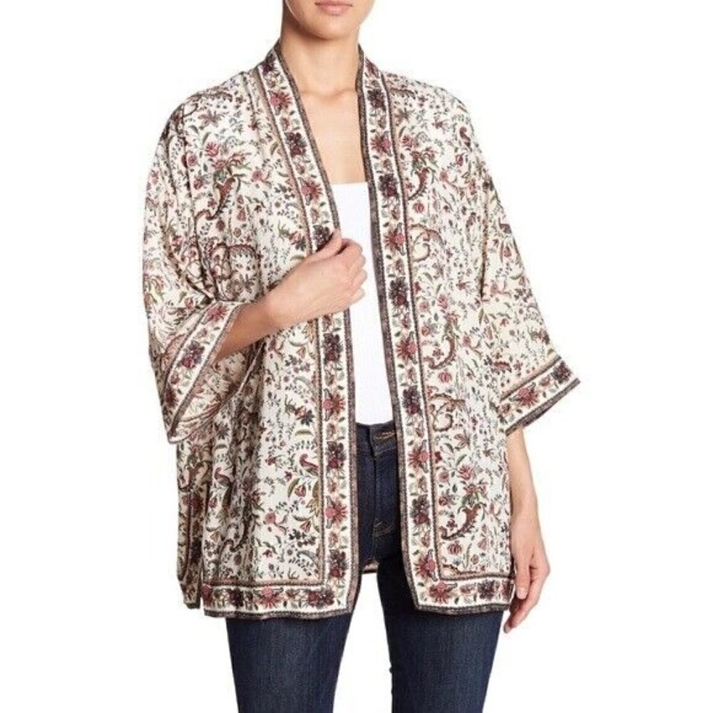 MAX STUDIO Women's Sz XS Cream & Burgundy Spring Floral Kimono NWT